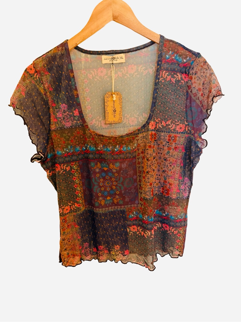 NWT Natural Life Devon Mesh Short Sleeve Top Patchwork Floral Size XL